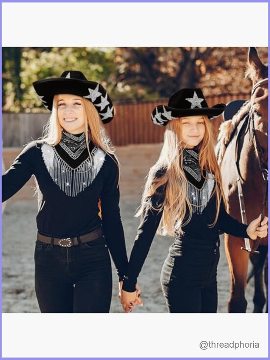 3 Pc Rhinestone Star Cowboy Hat Heart Sunglasses Fringe Bandana Set Cosplay
